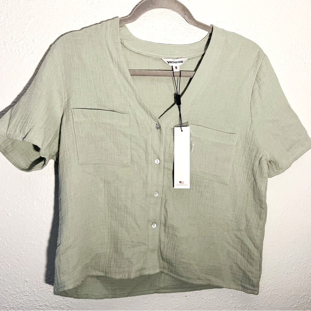 Vigoss Knit Boho Gauzy Sage Green Cotton Top Size S NWT